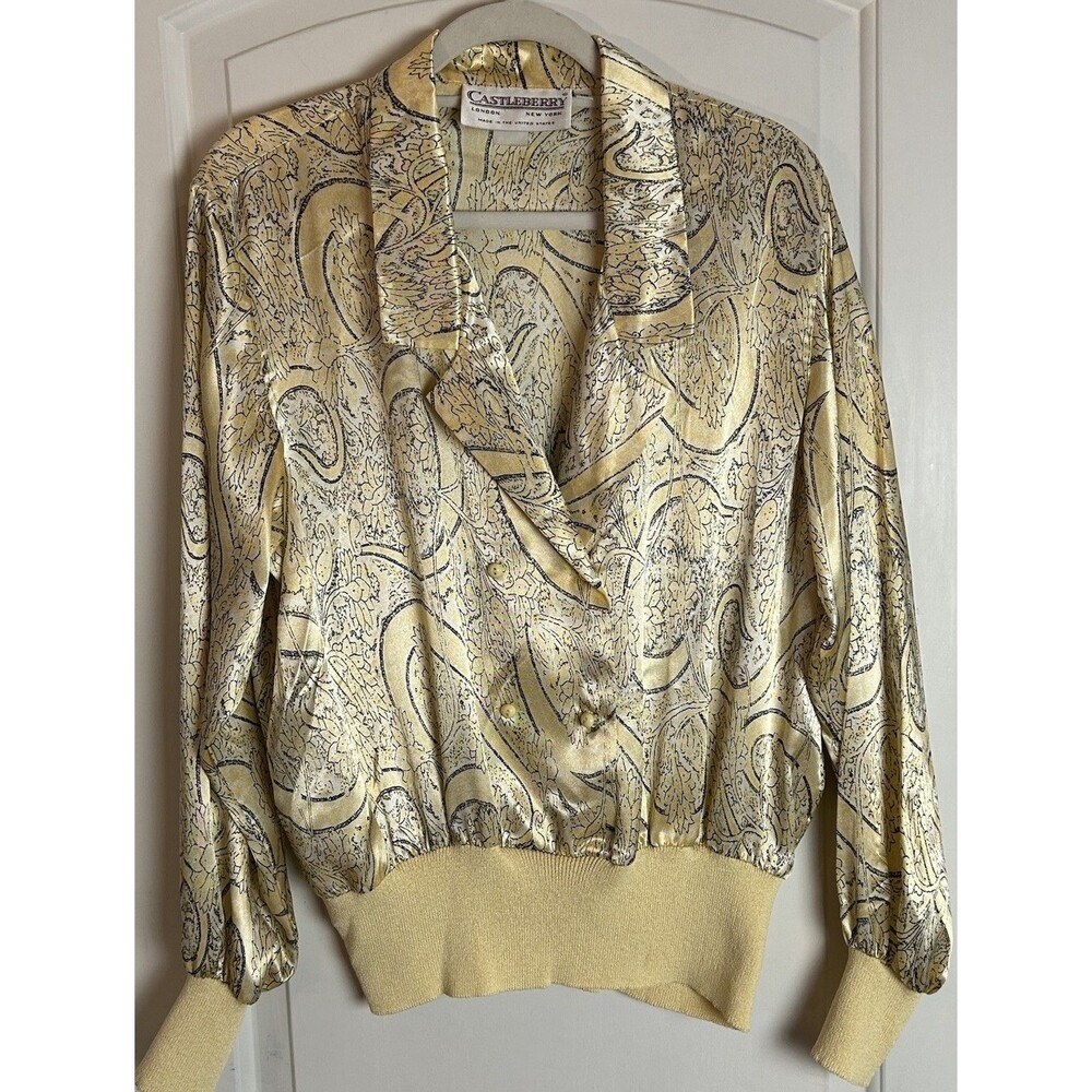 Vintage Castleberry Double-breasted Button Closure Silky Top Yellow Paisley 18